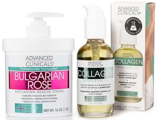 Advanced Clinicals Bulgarian Rose Body Lotion & Collagen Oil - Hydrate, Restore, Nourish - 8oz