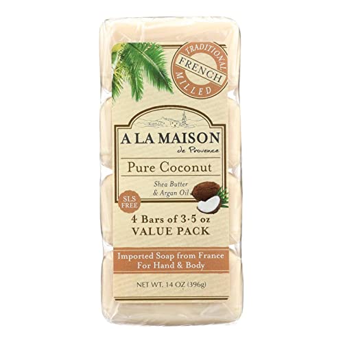 A LA MAISON Pure Coconut Bar Soap - Ultra Moisturizing, Biodegradable, 100% Vegetable Base - 4 Bars