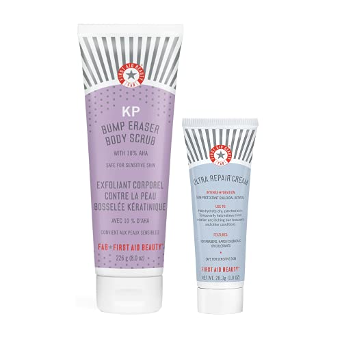 First Aid Beauty Body Scrub & Mini Moisturizer - Exfoliating, Hydrating, Vegan - 8oz & 1oz