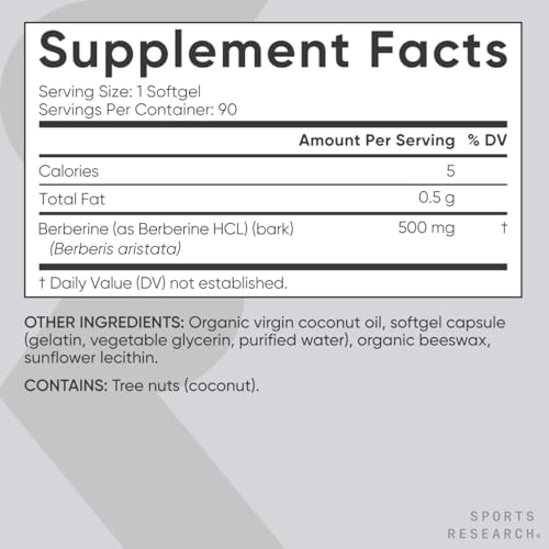 Sports Research Berberine Supplement - Metabolic Support, Non-GMO, Gluten-Free - 500mg, 90 Softgels