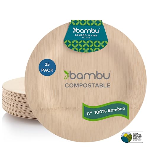 Bambu Disposable Bamboo Plates - 100% Biodegradable, Elegant Design, Pack of 25 - 11"