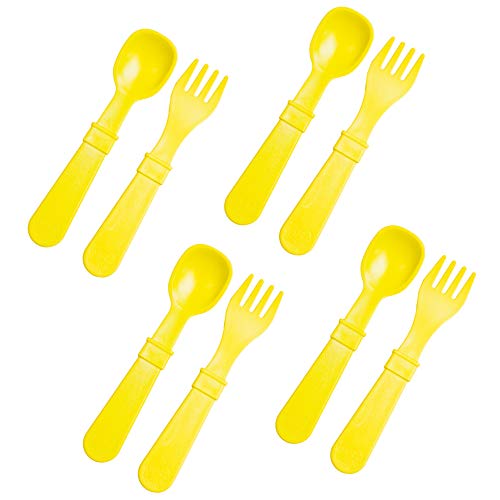 Re-Play Toddler Spoon and Fork Set - Ergonomic Design, Recycled Material - 8 Pack, Yellow