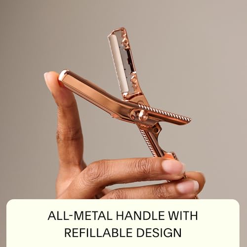 Leaf Shave Dermaplaner Kit - Exfoliates Skin, Plastic-Free Metal Razor with 12 Refills - Rose Gold