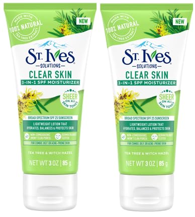St. Ives Clear Skin Lotion - Hydrating SPF 25 Moisturizer with Tea Tree & Witch Hazel - 3 Fl Oz x2