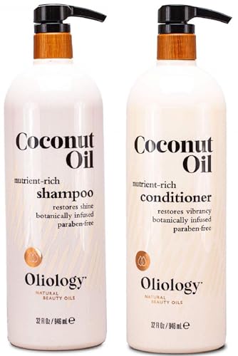 Oliology Coconut Oil Shampoo & Conditioner Set - Restores Damaged Hair, Intense Shine - 32oz