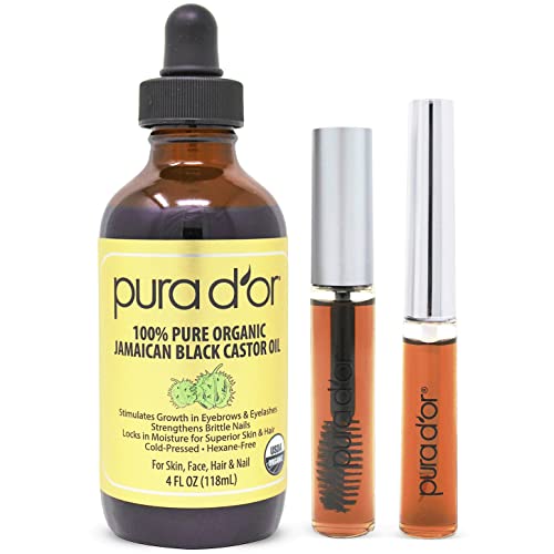 PURA D'OR Jamaican Black Castor Oil - Thicker Hair & Eyelashes, Natural Moisturizer - 4oz