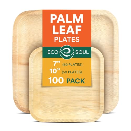 ECO SOUL Palm Leaf Plates - Compostable, Non-Toxic, Microwave Safe - 100 Count, 7 & 10 Inch