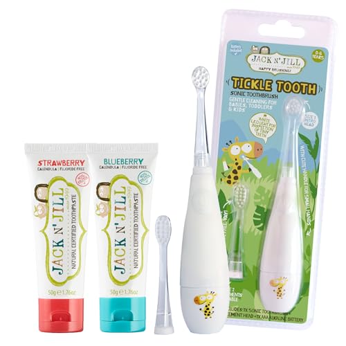 Jack N' Jill Children's Sonic Toothbrush & Organic Toothpaste Combo - Gentle Cleaning, 2 Brush Heads