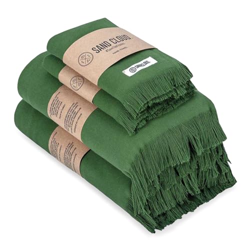 Sand Cloud Bath Towel Set - Lightweight, Fast-Drying 100% Organic Cotton - Set of 4, Terra Green