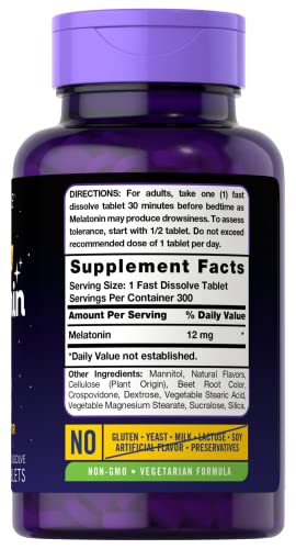 Carlyle Melatonin Sleep Supplement - Fast Dissolve 12mg, Natural Berry Flavor, 300 Tablets