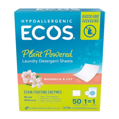 ECOS Laundry Detergent Sheets - Plant Powered, Hypoallergenic, Magnolia & Lily - 50 Count