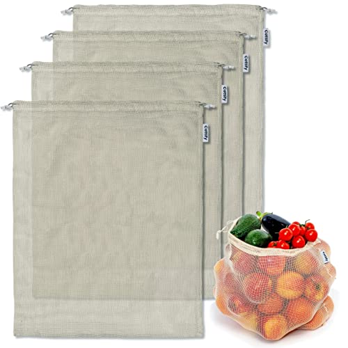 Organic Cotton Mesh Produce Bags - Lightweight, Washable, Tare Weight, 4 XL Bags - 14x18in