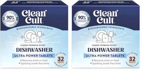 Cleancult Dishwasher Detergent Tablets - Streak-Free Shine, Chemical-Free, 32 Count (Pack of 2)