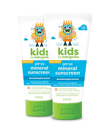 Babyganics SPF 50 Sunscreen - Mineral Protection, Tear-Free & Water Resistant - 6 Fl Oz (Pack of 2)