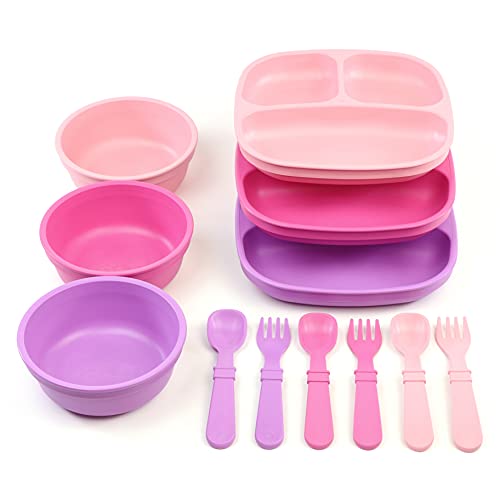 Re-Play Made in USA - 3 Divided Plates & Utensils Set, BPA Free, Recycled Materials - Princess