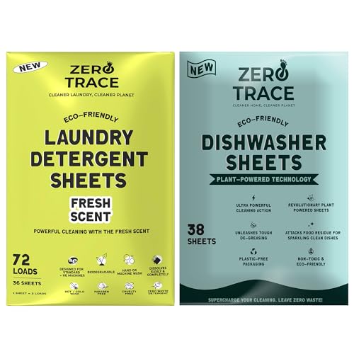 Zero Trace Laundry & Dishwasher Sheets - Odor Eliminator, Plant-Based, Biodegradable - 72 Loads