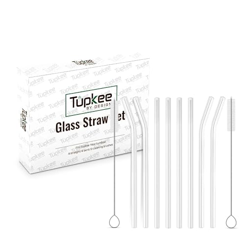 Tupkee Reusable Glass Straw Set - Natural Taste, BPA Free, 8 Straws & 2 Cleaning Brushes - 9in