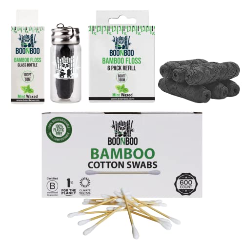 BOONBOO Dental Floss - Smooth Cleaning, Refillable Glass Holder, Bamboo Fiber - 600ct Cotton Swabs