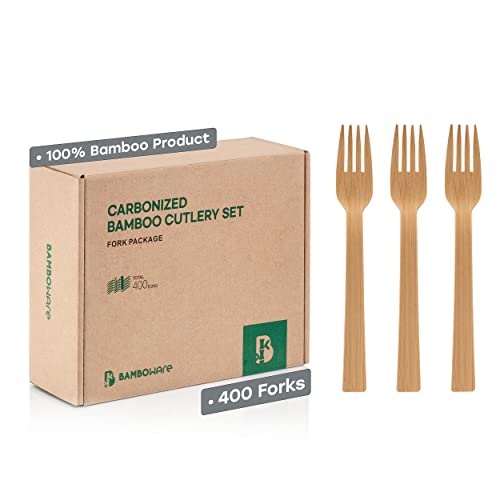 Bamboware 100% Bamboo Utensils - Heavy-Duty, Biodegradable, 400 Carbonized Forks - 6.75in