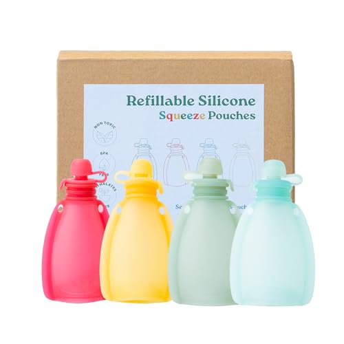 Kindthing Reusable Silicone Baby Food Pouches - Safe, Dishwasher-Friendly, 8oz Capacity - 4 Pack