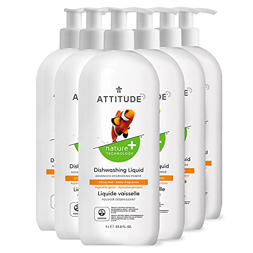 ATTITUDE Dishwashing Liquid - EWG Verified, Vegan, Plant-Based - Citrus Zest, 33.8 Fl Oz