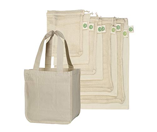 Organic Cotton Mart Produce Bag Set - 9 Reusable Bags for Fresh Produce & Grocery - 100% Cotton