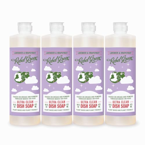 Rebel Green Dish Soap - Gentle Plant-Based Cleaner with Lavender & Grapefruit - 16oz, 4 Pack