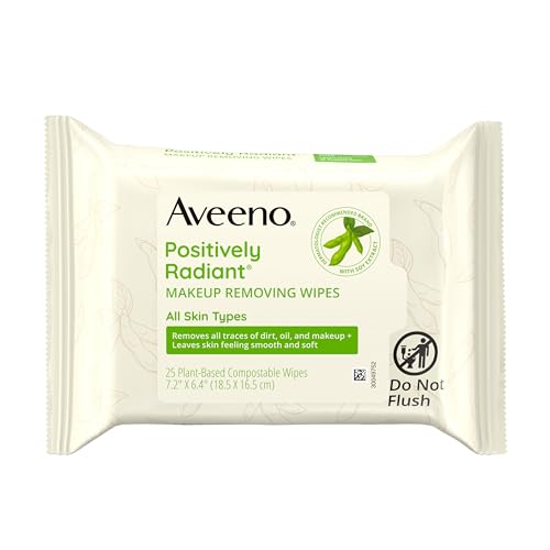 Aveeno Makeup Remover Wipes - Brightening, Moisture-Rich Soy Extract, Hypoallergenic - 25 Count