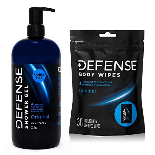 Defense Soap Body Wash & Wipes - Natural Tea Tree & Eucalyptus for Odor Relief - 32oz + 30 Wipes