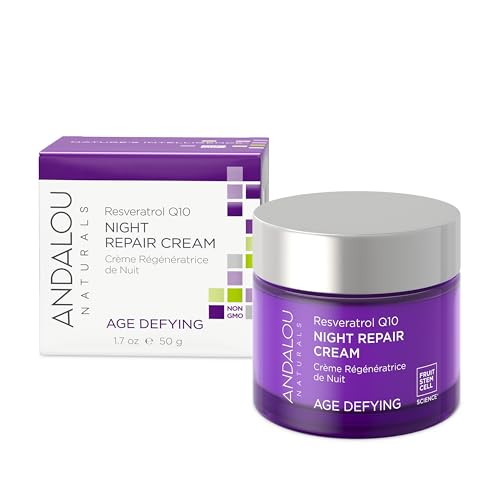 Andalou Naturals Resveratrol Q10 Night Cream - Revitalizes Dry Skin, Reduces Fine Lines - 1.7oz