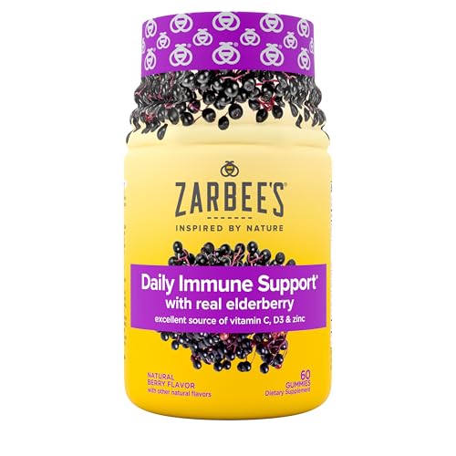 Zarbee's Elderberry Gummies - Daily Immune Support, Vitamins A, C, D, E & Zinc - 60 Count