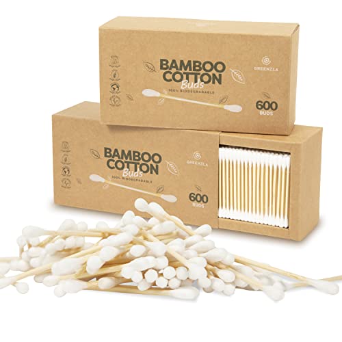 Greenzla Organic Cotton Swabs - Biodegradable, Hypoallergenic, Bamboo Holder - 1200 Pack