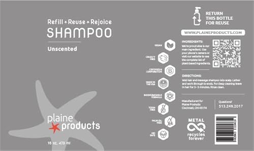 Plaine Products Shampoo - Unscented, Sulfate & Paraben Free, Vegan - 16oz Refill Ready