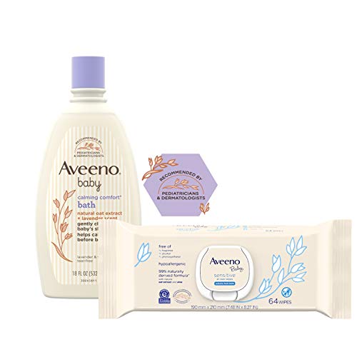 Aveeno Baby Calming Bath & Sensitive Wipes - Soothes & Cleanses, Lavender & Vanilla - 18oz, 64ct