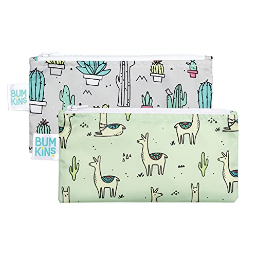 Bumkins Reusable Snack Bags - Washable, Waterproof, Food-Safe Storage, 2-Pack Green Cactus & Llama