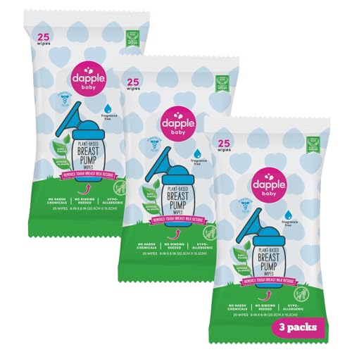 Dapple Baby Breast Pump Wipes - Plant-Based, Hypoallergenic, Unflavored - 25 Wipes (3 Pack)