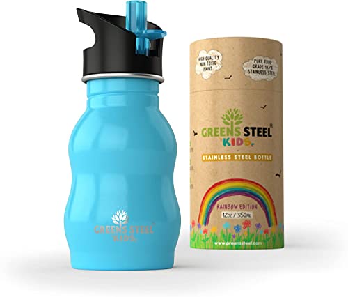 Greens Steel Kids Water Bottle - Easy-Sip Design, Durable Metal, Recyclable Packaging - 12oz Blue