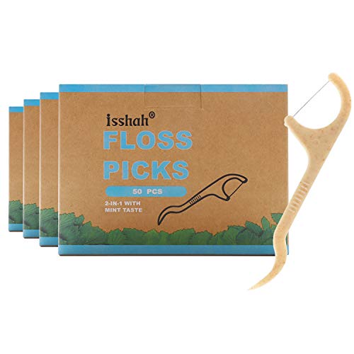 Isshah Natural Dental Floss Picks - Fresh Mint Flavor, PETA Approved, BPA Free - 200 Count