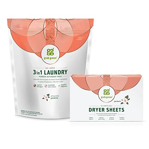 Grab Green Laundry Detergent & Dryer Sheets - Natural Cleaning, Gardenia Scent - 60 Pods, 80 Sheets