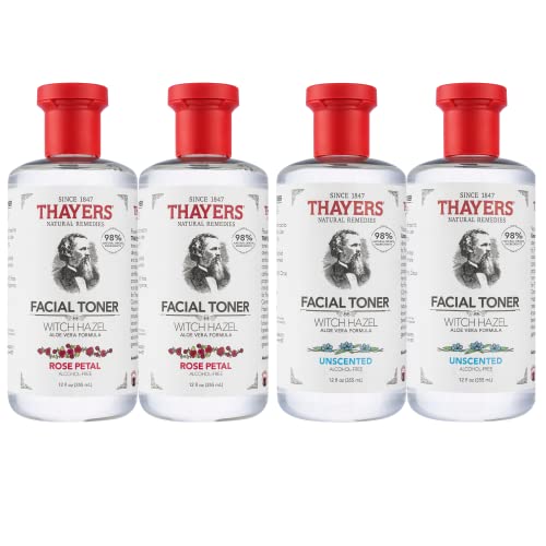 Thayers Witch Hazel Facial Toner - Hydrating, Pore-Reducing, 98% Natural - 4-Pack Rose & Unscented