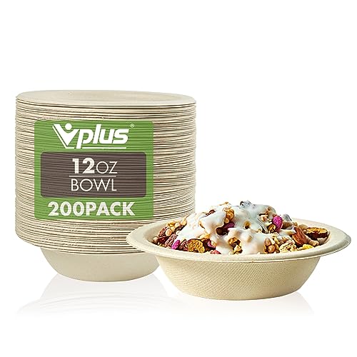 Vplus 12 oz Compostable Paper Bowls - Durable, Leak-Resistant, 200 Pack for Hot & Cold Foods