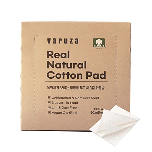 varuza Premium Unbleached Cotton Pads - Lint Free, Biodegradable, 300 Count, 3 Layers