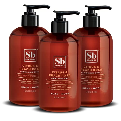 Soapbox Liquid Hand Soap - Moisturizing Citrus & Peach Rose, Vegan, 12oz Pump Bottles (Pack of 3)