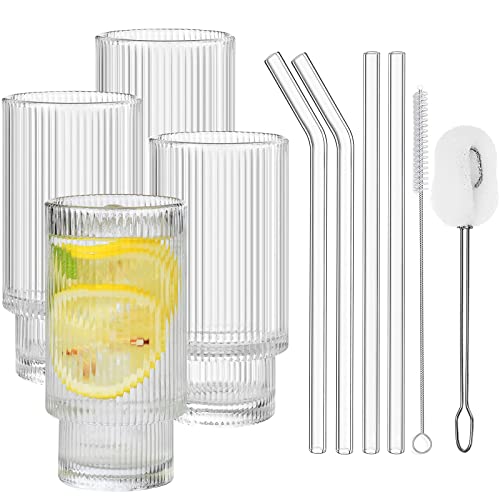 ALINK Vintage Ribbed Drinking Glasses Set - Durable, Multi-Purpose with Straws & Brushes - 12oz