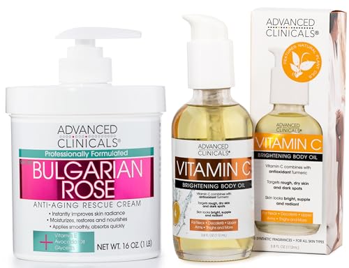 Advanced Clinicals Body Oil Set - Brightening & Anti-Aging, Vitamin C & Bulgarian Rose - 8oz