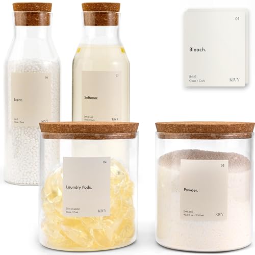 KIVY Glass Detergent Dispenser Set - Airtight, Waterproof Labels, Durable Borosilicate Glass - 4pcs