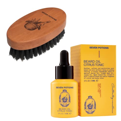 SEVEN POTIONS Beard Oil & Brush Set - Nourishes & Softens Beards, Natural Ingredients - Citrus Tonic