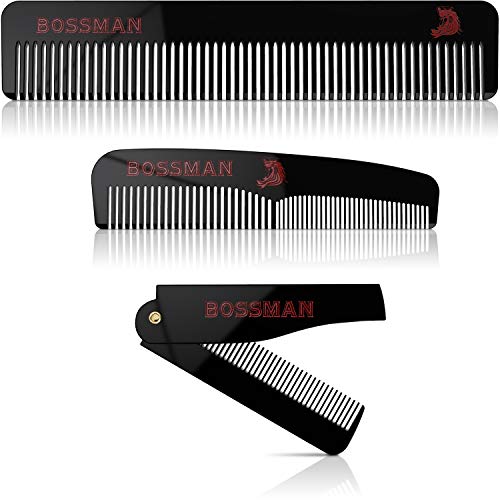 Bossman Acetate Comb Set - Static-Free Grooming, Travel-Friendly - 3 Combs in Elegant Box