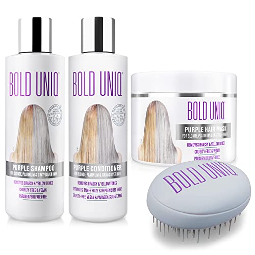 BOLD UNIQ Hair Care Bundle - Detangler Brush & Purple Shampoo, Conditioner, Mask - 100% Vegan