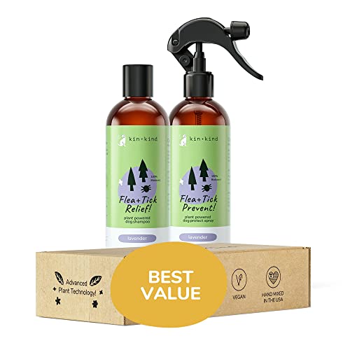 kin+kind Dog Shampoo & Flea/Tick Spray Set - Natural Ingredients, Lavender Scent - 12oz Each